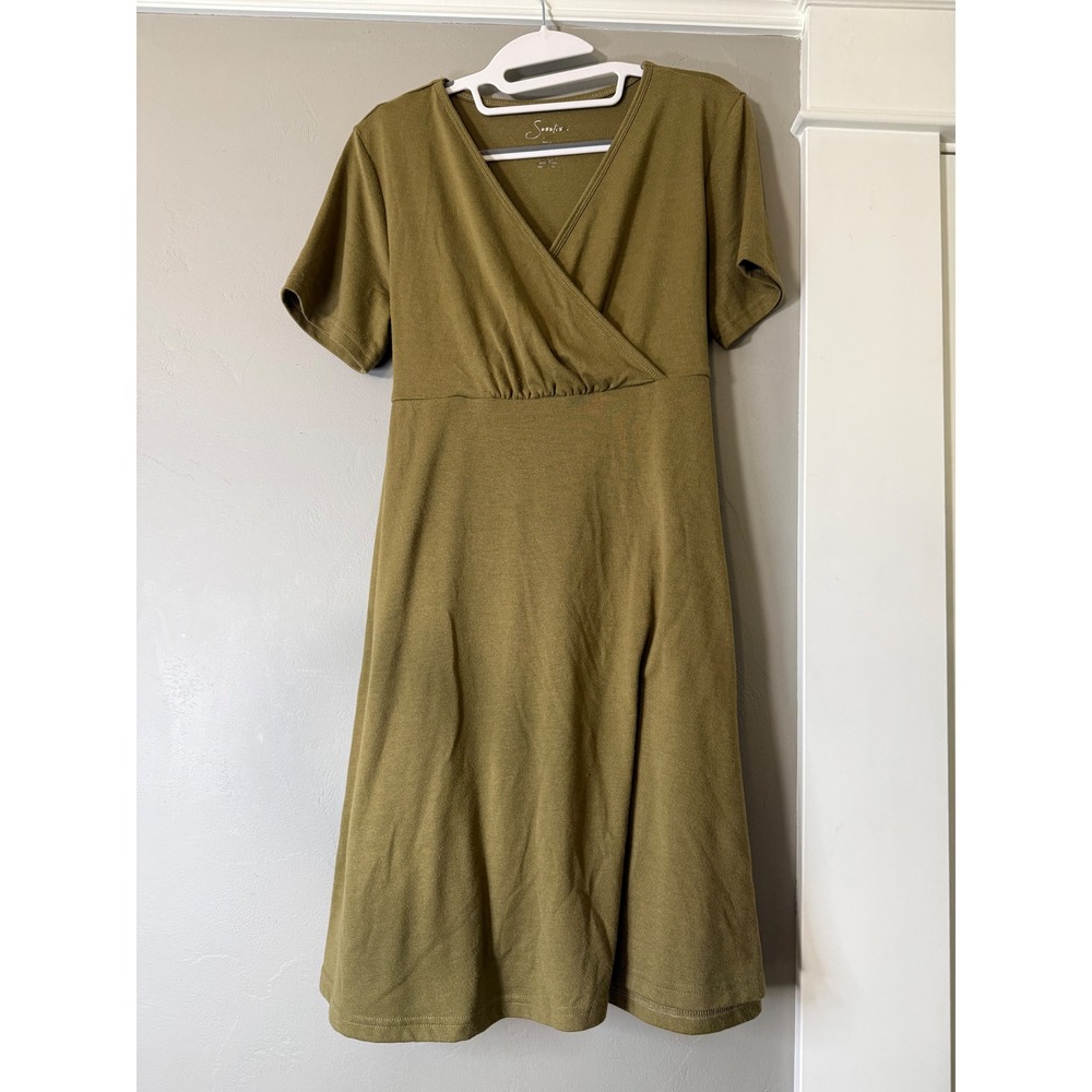 Sosolis Womens Olive Green Wrap V-Neck Short Sleeve A-Line Dress Small